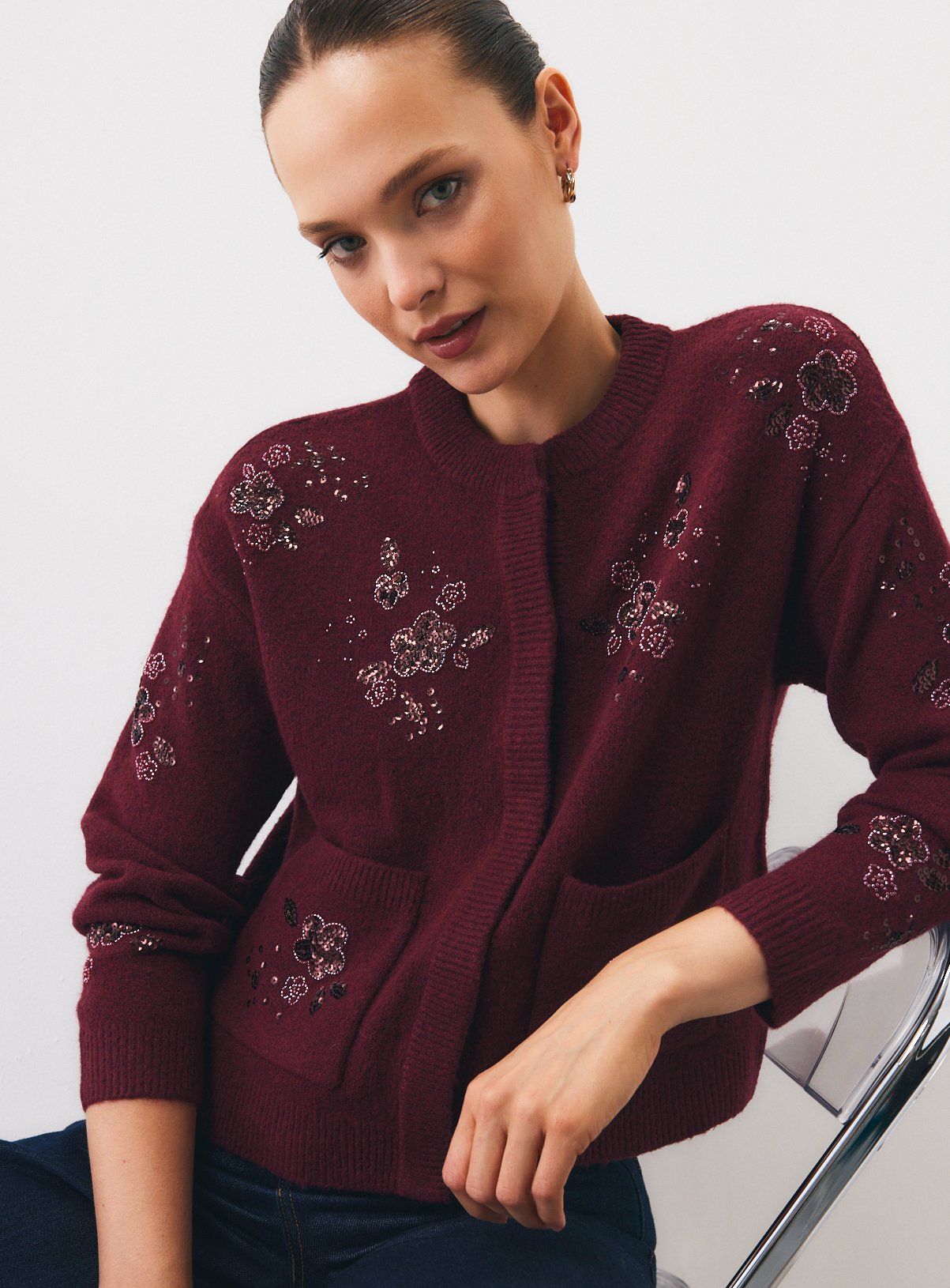 Berry Red Floral Beaded Sequin Pocket Cardigan XS - Image 1 thumbnail